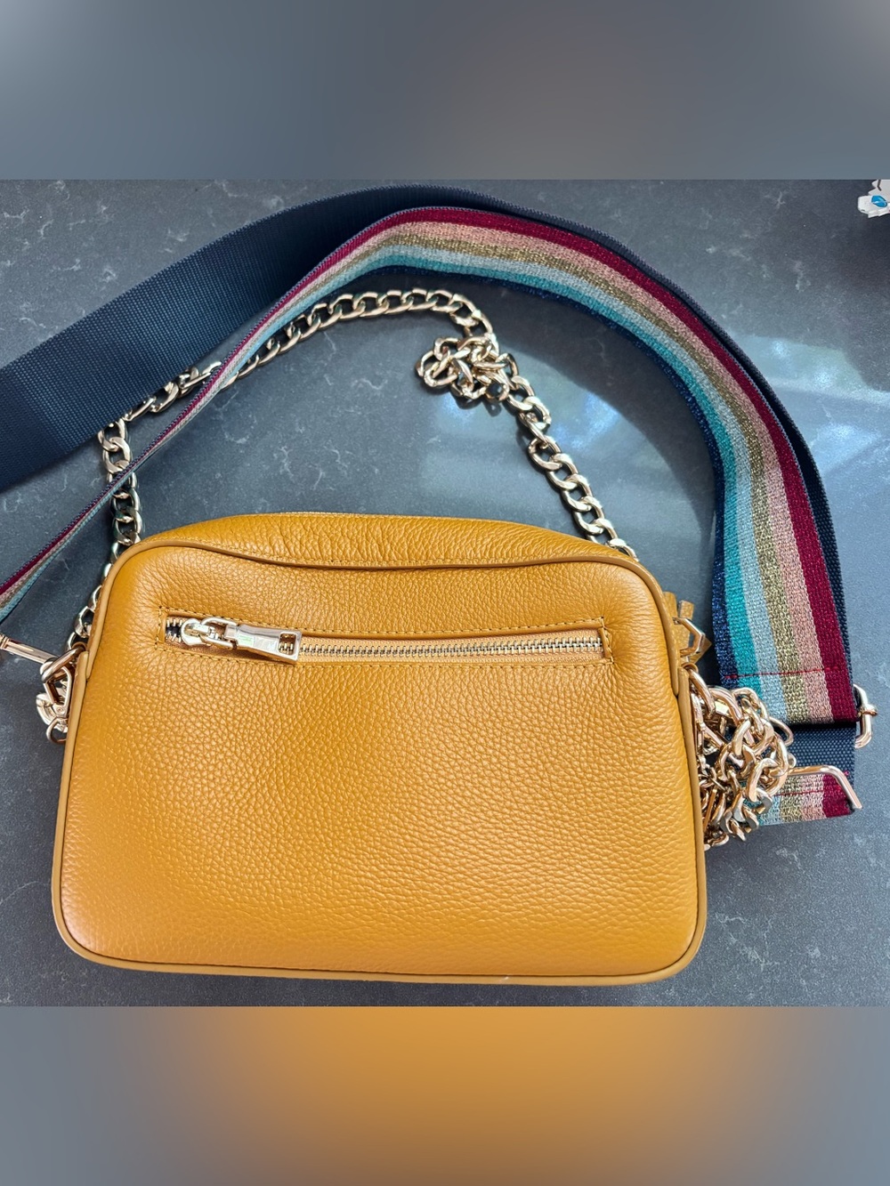 Compact Mustard Yellow Pebbled Leather Crossbody Bag with Gold Hardware